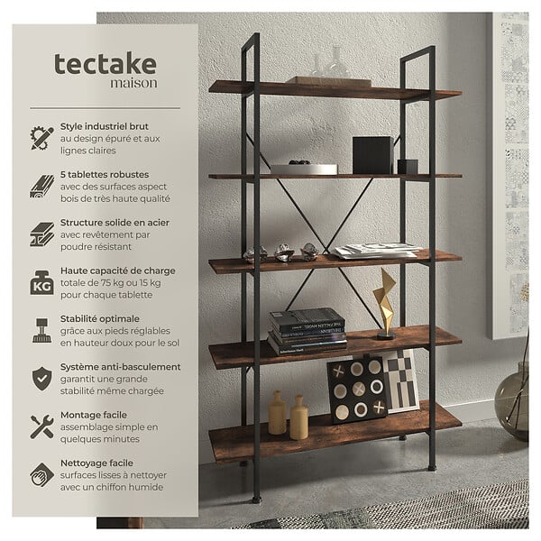 TECTAKE - Etagère bibliothèque GLASGOW style industriel 106 x 34,5 x 179,5 cm Bois foncé industriel, rustique - large