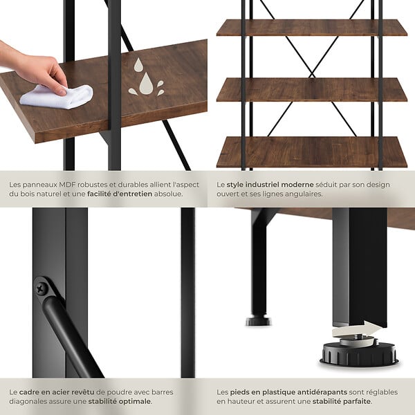 TECTAKE - Etagère bibliothèque GLASGOW style industriel 106 x 34,5 x 179,5 cm Bois foncé industriel, rustique - large