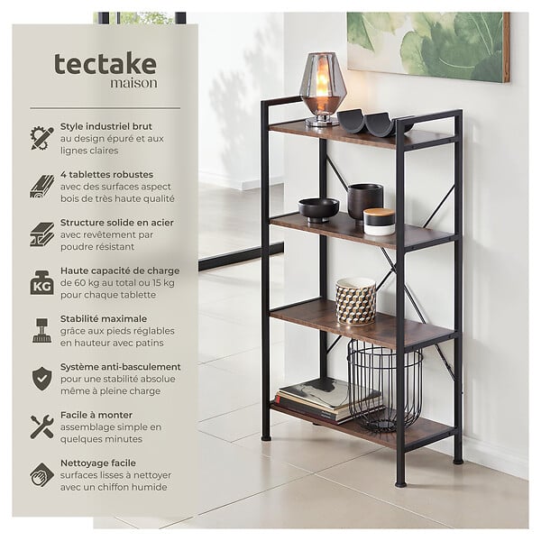 TECTAKE - Etagère bibliothèque LEEDS style industriel 67,5 x 31,5 x 121,5 cm Bois foncé industriel, rustique - large
