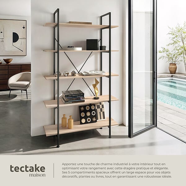 TECTAKE - Etagère bibliothèque GLASGOW style industriel 106 x 34,5 x 179,5 cm Bois clair industriel, Chêne Sonoma - large