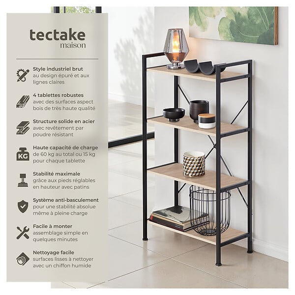 TECTAKE - Etagère bibliothèque LEEDS style industriel 67,5 x 31,5 x 121,5 cm Bois clair industriel, Chêne Sonoma - large