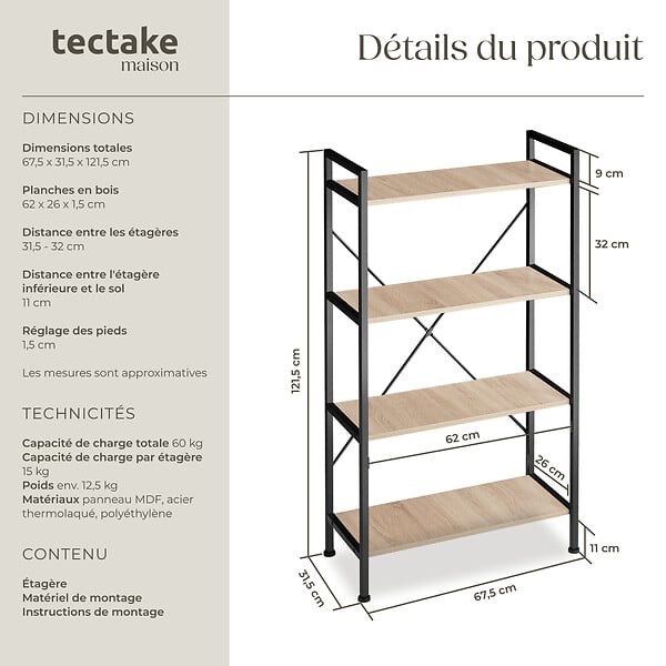 TECTAKE - Etagère bibliothèque LEEDS style industriel 67,5 x 31,5 x 121,5 cm Bois clair industriel, Chêne Sonoma - large