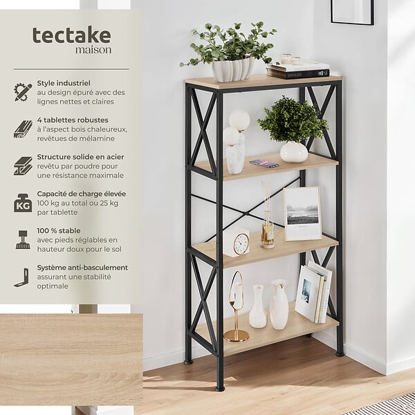 TECTAKE - Etagère Barry 61,5x31,5x133,5cm Bois clair industriel, Chêne Sonoma - large