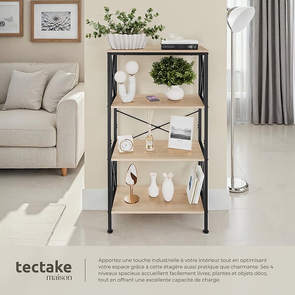 TECTAKE - Etagère Barry 61,5x31,5x133,5cm Bois clair industriel, Chêne Sonoma - large