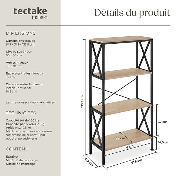 TECTAKE - Etagère Barry 61,5x31,5x133,5cm Bois clair industriel, Chêne Sonoma - large