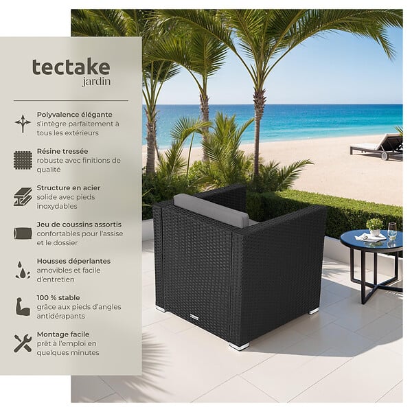 TECTAKE - Fauteuil en rotin Lignano noir - large