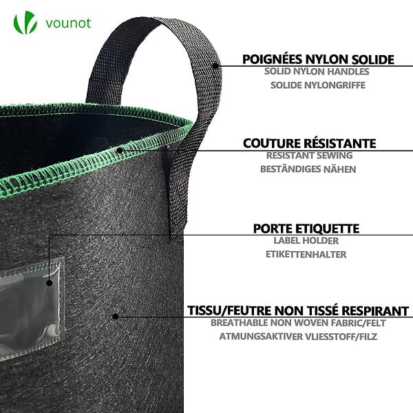 VOUNOT - Lot de 5 sacs de plantation non tisse 20L avec poignee Noir - large