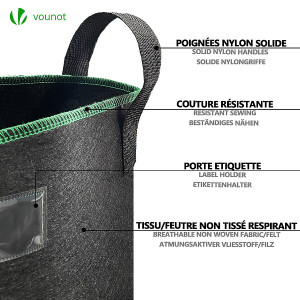 VOUNOT - Lot de 5 sacs de plantation non tisse 30L avec poignee Noir - large