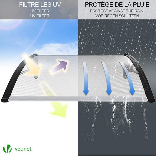 VOUNOT - Auvent de porte marquise 100x80 cm transparent en Polycarbonate anti UV Noir - large