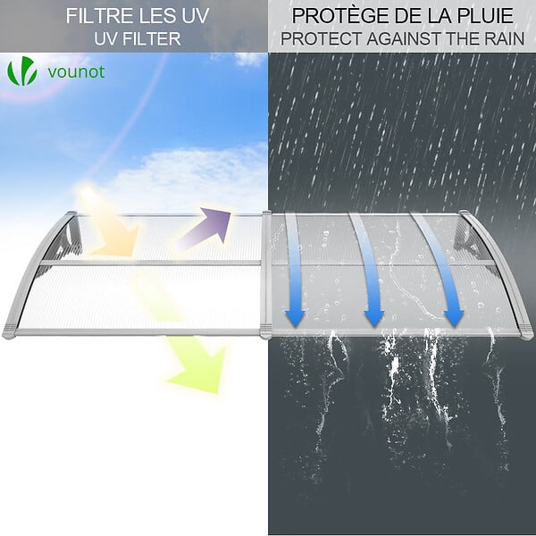 VOUNOT - Auvent de porte marquise 200x80 cm transparent en Polycarbonate anti UV Gris - large