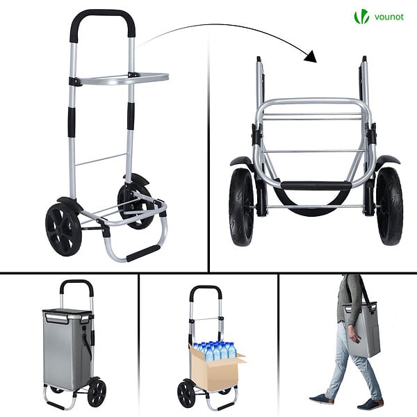VOUNOT - Chariot de course pliable aluminium 2 roues avec sac isotherme gris - large