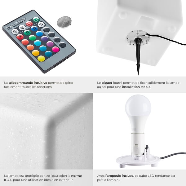 TECTAKE - Lampe cube LUMINOUS CUBE avec ampoule LED et télécommande blanc - large