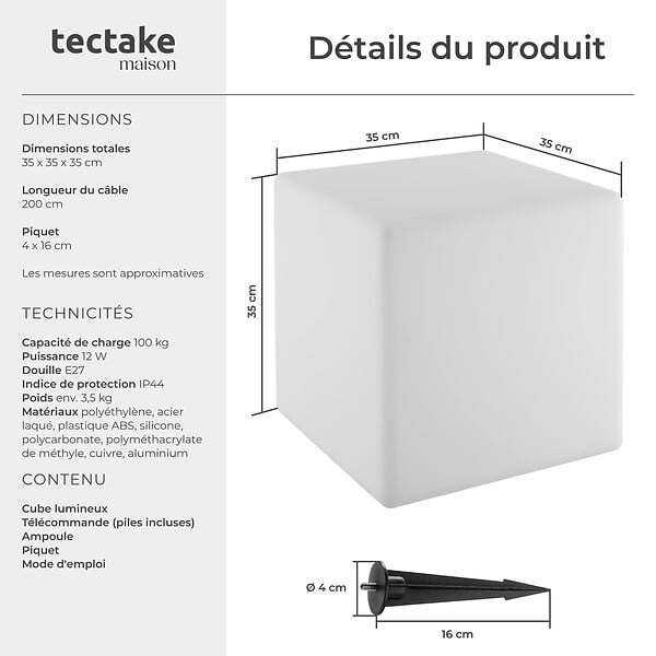 TECTAKE - Lampe cube LUMINOUS CUBE avec ampoule LED et télécommande blanc - large