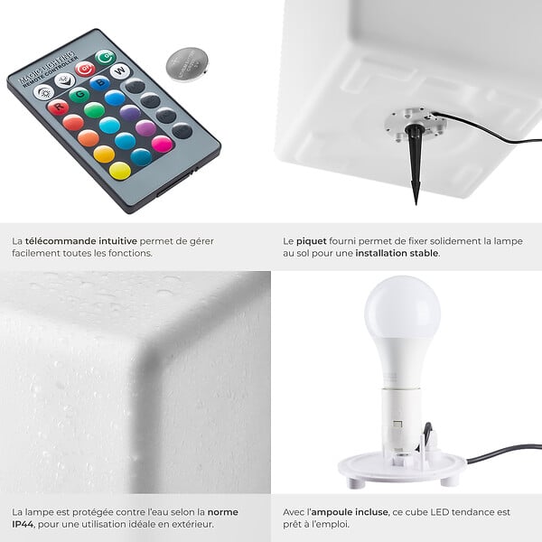 TECTAKE - Lampe cube LUMINOUS CUBE avec ampoule LED et télécommande blanc - large