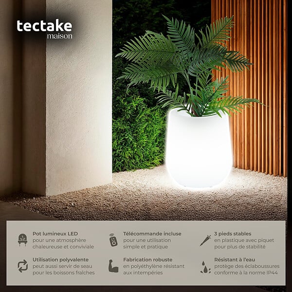 TECTAKE - Pot de fleurs LED LUMINOUS CURVE POT avec télécommande incluse blanc - large