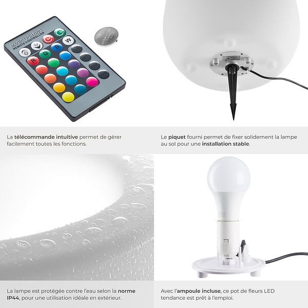TECTAKE - Pot de fleurs LED LUMINOUS CURVE POT avec télécommande incluse blanc - large