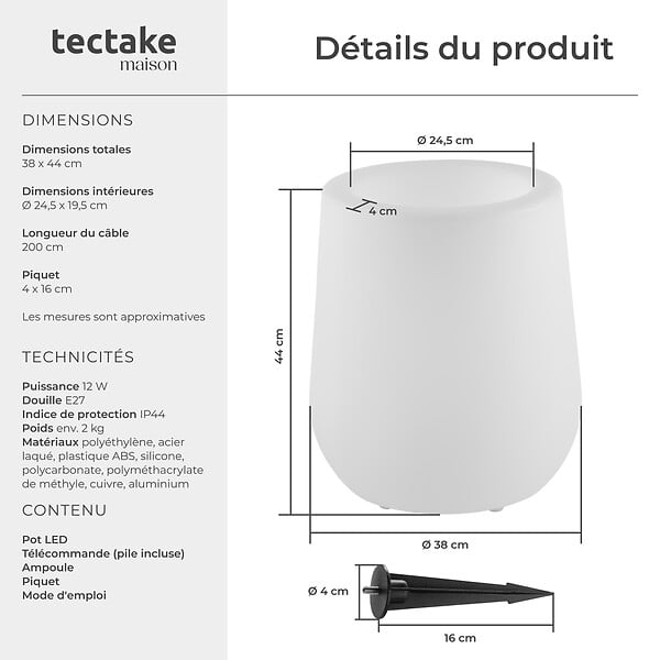 TECTAKE - Pot de fleurs LED LUMINOUS CURVE POT avec télécommande incluse blanc - large