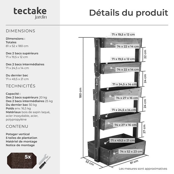 TECTAKE - Jardinière verticale FLORA en bois laqué avec toile de paillage gris - large