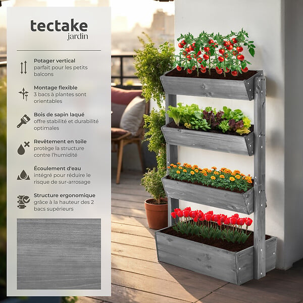 TECTAKE - Jardinière verticale FLORA en bois laqué avec toile de paillage gris - large