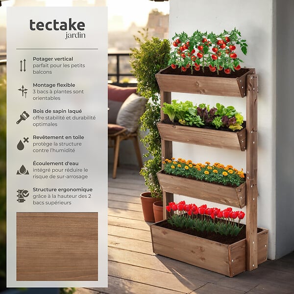 TECTAKE - Jardinière verticale FLORA en bois laqué avec toile de paillage marron - large