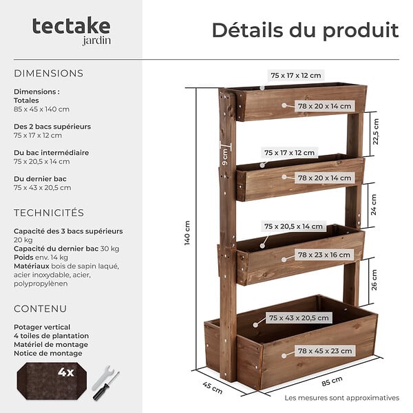 TECTAKE - Jardinière verticale FLORA en bois laqué avec toile de paillage marron - large