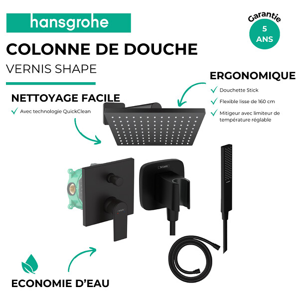 HANSGROHE - Colonne de douche encastrée mécanique Vernis Shape Douche de tête Vernis Shape Flexible Isiflex Douchette PulsifyE noir - large