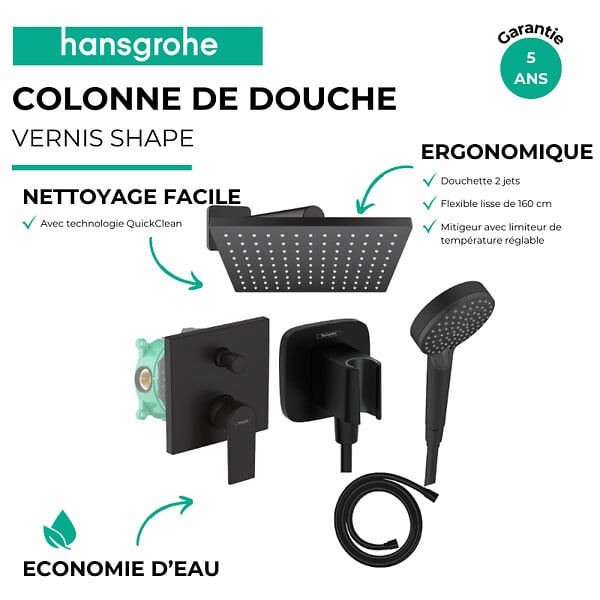 HANSGROHE - Colonne de douche encastrée mécanique Vernis Shape Douche de tête Vernis Shape Flexible Isiflex Douchette Vernis Blend noir - large