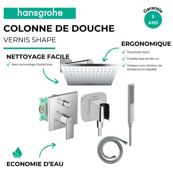 HANSGROHE - Colonne de douche encastrée mécanique Vernis Shape Douche de tête Vernis Shape Flexible Isiflex Douchette PulsifyE chromé - large