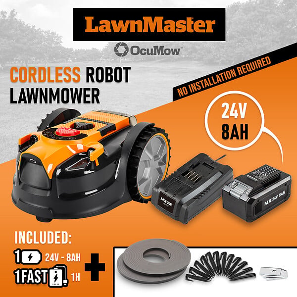 LAWNMASTER - Robot tondeuse autonome 24V - 8Ah sans fil périmétrique - Le robot le plus simple du marché - large