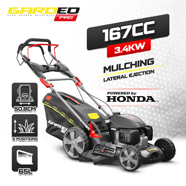 GARDEO PRO - Tondeuse thermique tractée 167CC avec moteur Honda, mulching et éjection latérale - large