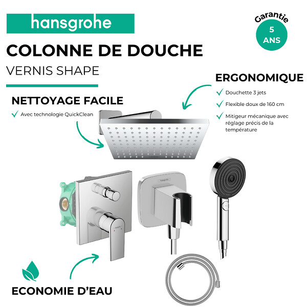 HANSGROHE - Colonne de douche mécanique Vernis Shape Douche de tête Vernis Shape Flexible Designflex Douchette Pulsify chromé - large