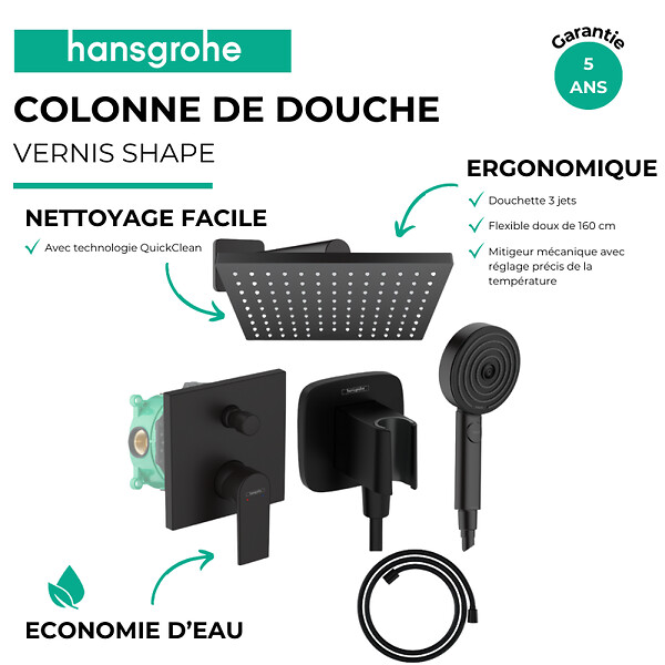 HANSGROHE - Colonne de douche encastrée mécanique Vernis Shape Douche de tête Vernis Shape Flexible Designflex Douchette Pulsify noir - large