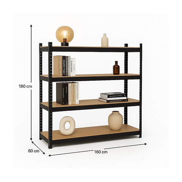 INTEC - Etagère de Rangement Charges lourdes 1600kg Noire 160 x 60 x H180cm - Rayonnage Métal 4 Plateaux Bois INTEC - large