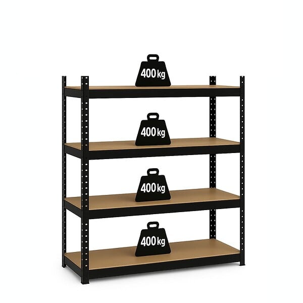 INTEC - Etagère de Rangement Charges lourdes 1600kg Noire 160 x 60 x H180cm - Rayonnage Métal 4 Plateaux Bois INTEC - large