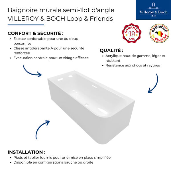 VILLEROY ET BOCH - Baignoire semi-îlot d'angle Loop & Friends version gauche avec bonde et trop-plein blanc - large