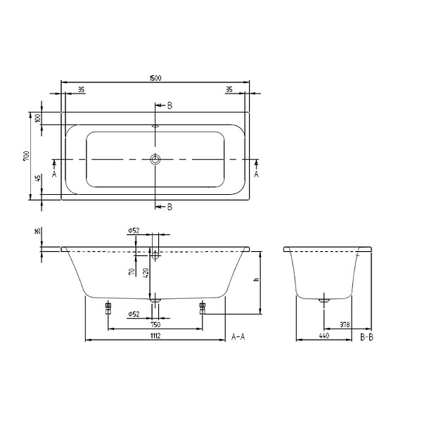 VILLEROY ET BOCH - Baignoire droite Architectura 150 x 70 cm Blanc + Pare bain droite AURYS Raywall chromé - large