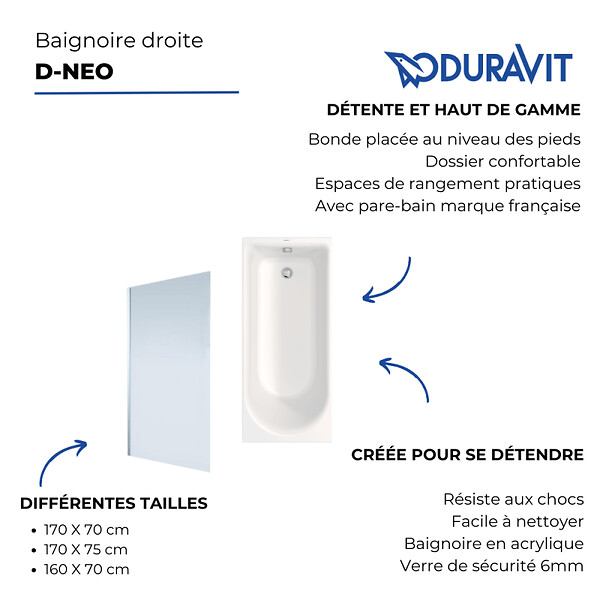 DURAVIT - Baignoire droite D-Neo 170 x75 cm + Pare bain droit AURYS Mist 1 chromé - large