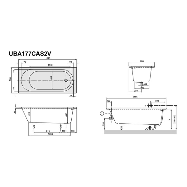 VILLEROY ET BOCH - Baignoire droite avec pieds 170 x 70 cm O.Novo + Pare bain droite AURYS Mist 1 chromé - large