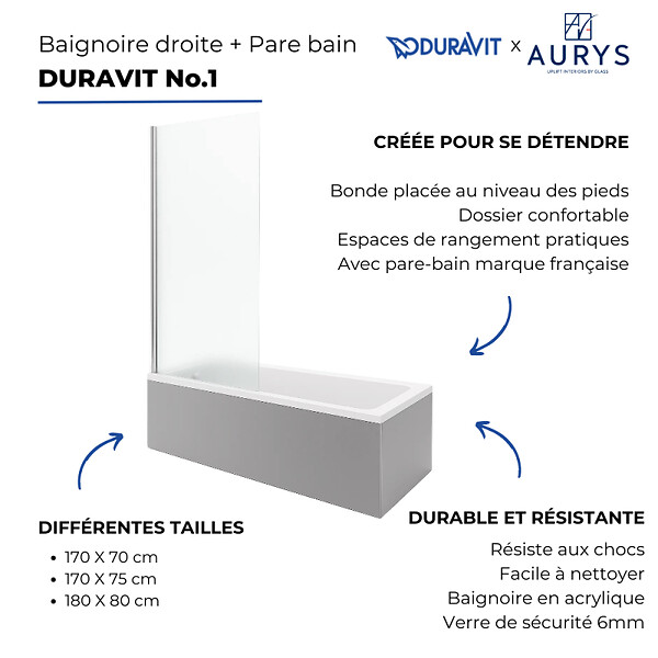 DURAVIT - Baignoire droite No.1 180 x 85 cm + Pare bain droit AURYS Mist 1 chromé - large