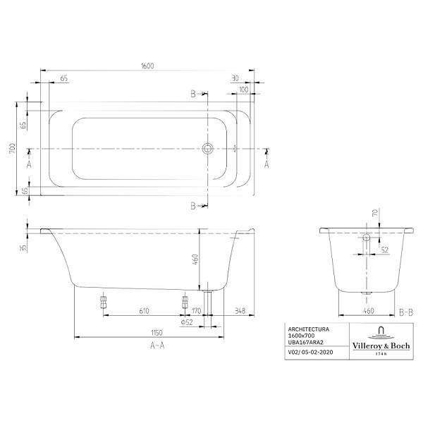 VILLEROY ET BOCH - Baignoire droite Architectura avec pieds acrylique 160 x 70 cm  + Pare bain droite AURYS Mist 1 chromé - large
