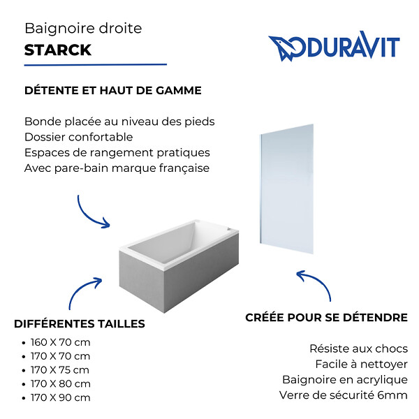 DURAVIT - Baignoire droite Starck 160 x70 cm + Pare bain droit AURYS Mist 1 chromé - large