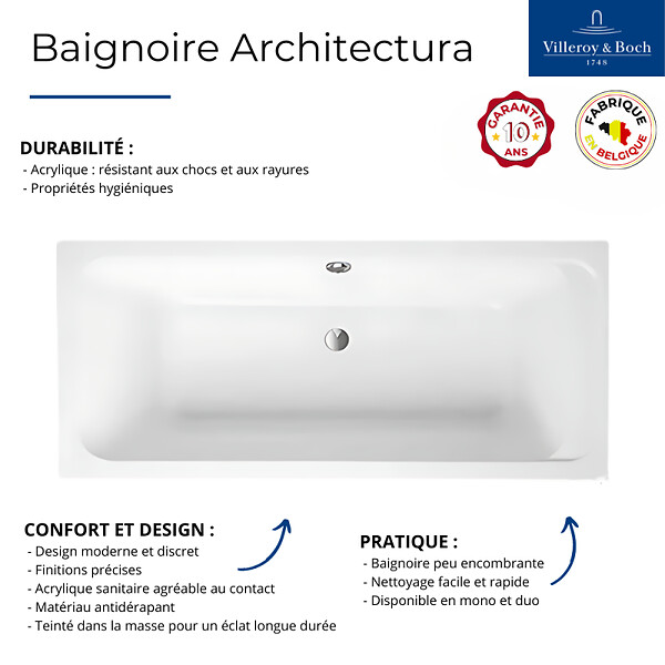 VILLEROY ET BOCH - Baignoire droite Architectura avec pieds acrylique 170 x 80 cm  + Pare bain gauche AURYS Raywall chromé - large