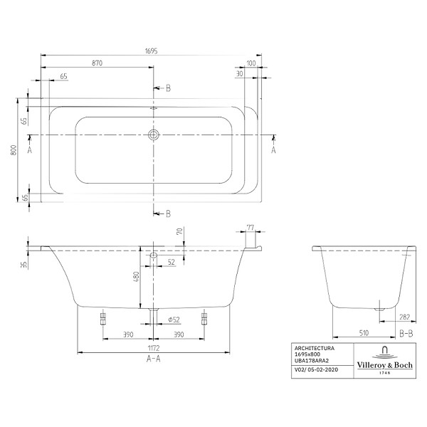 VILLEROY ET BOCH - Baignoire droite Architectura acrylique 170 x 80 cm  + Pare bain droite AURYS Raywall chromé - large