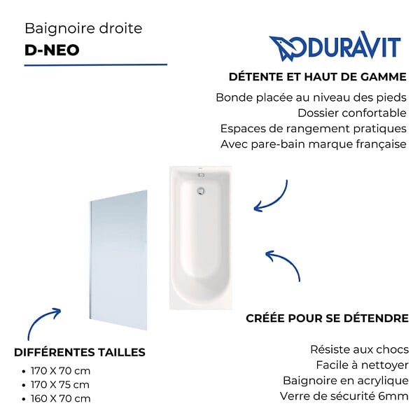 DURAVIT - Baignoire droite D-Neo170 x75 cm + Pare Bain gauche AURYS Mist 1 chromé - large