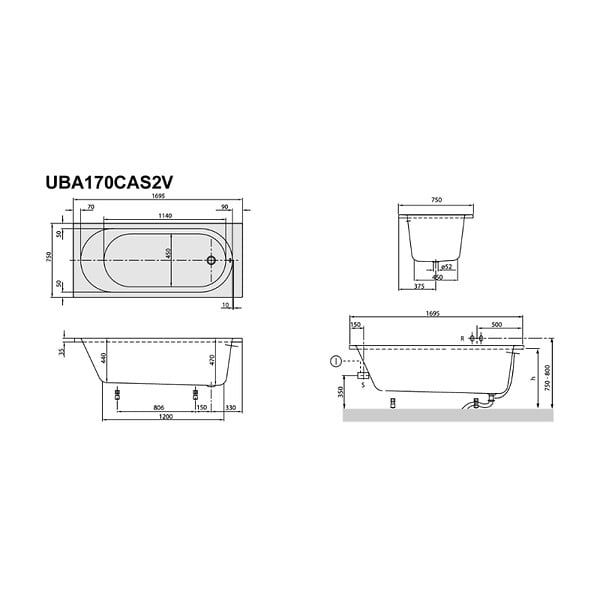 VILLEROY ET BOCH - Baignoire droite O.novo 170 x 75 cm Blanc + Pare Bain gauche AURYS Mist 1 chromé - large
