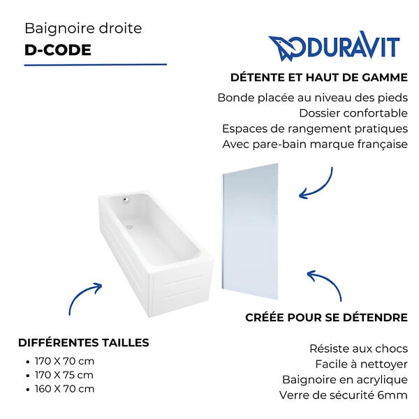 DURAVIT - Baignoire droite D-Code 170 x75 cm + Pare bain droit AURYS Mist 1 chromé version droite - large