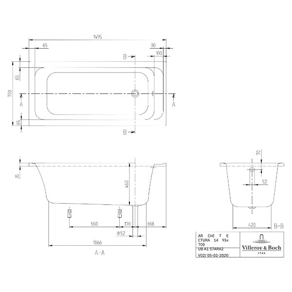 VILLEROY ET BOCH - Baignoire droite Architectura avec pieds acrylique 150 x 70 cm  + Pare bain gauche AURYS Mist 1 chromé - large