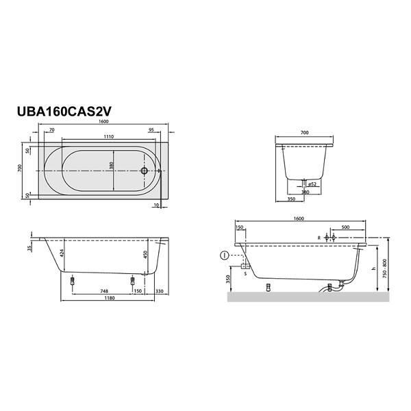 VILLEROY ET BOCH - Baignoire droite O.Novo 160 x 70 cm Blanc + Pare Bain gauche AURYS Mist 1 chromé - large