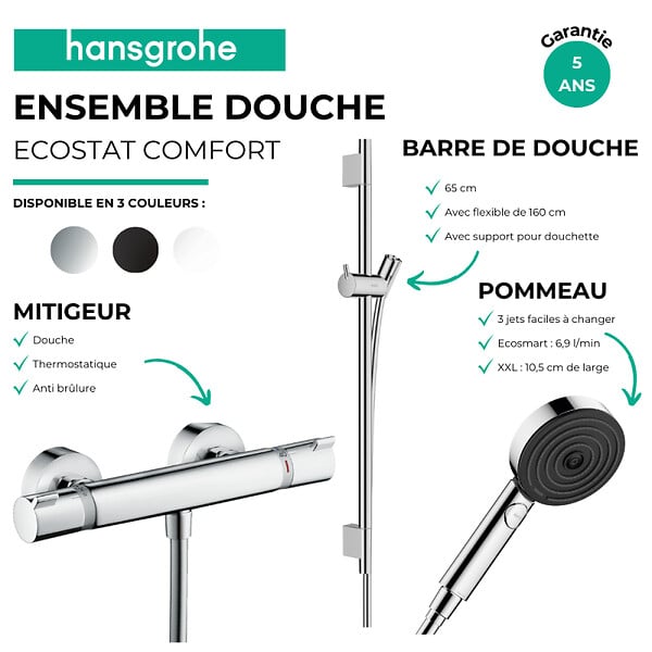 HANSGROHE - Pack mitigeur douche thermostatique Ecostat Comfort + Barre Unica + flexible + Pommeau Pulsify Select 3 jets chromé - large