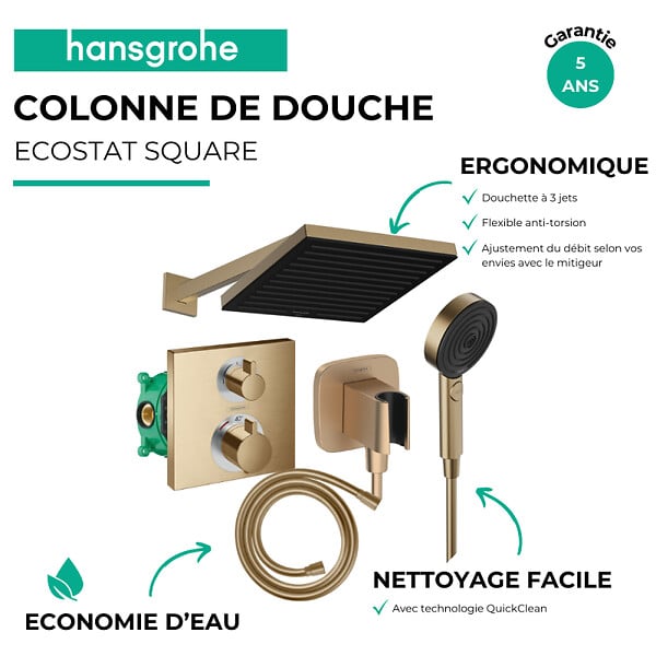 HANSGROHE - Colonne douche thermostatique Ecostat Square Douche de tête Pulsify S Flexible Isiflex Douchette Pulsify bronze brossé - large